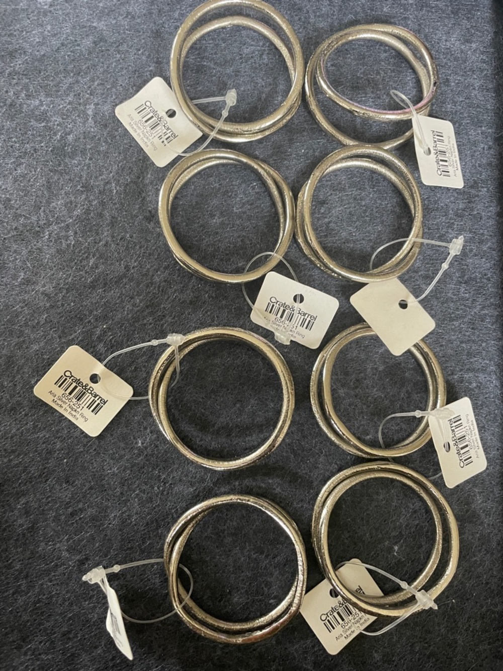 Crate and Barrel Set of 8 Metallic Napkin Rings - Silver Tone NWT